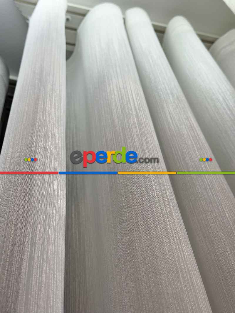 Ekru Sedefli Çizgili Tül Perde, Ağır Gramajlı Premium Seri, Kurşunlu Tül