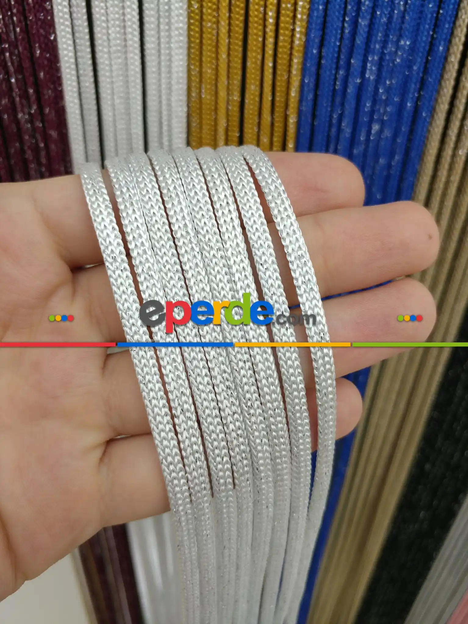 Beyaz Rengi Simli İp Perde Jumbo Zincir Serisi- Beyaz-gümüş