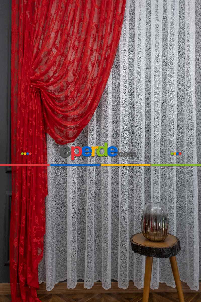 Tül Fon Kırmızı Renk Büzgülü Tasarım Moda Tasarım Fon Perde- Kırmızı 70cm X 1cm 