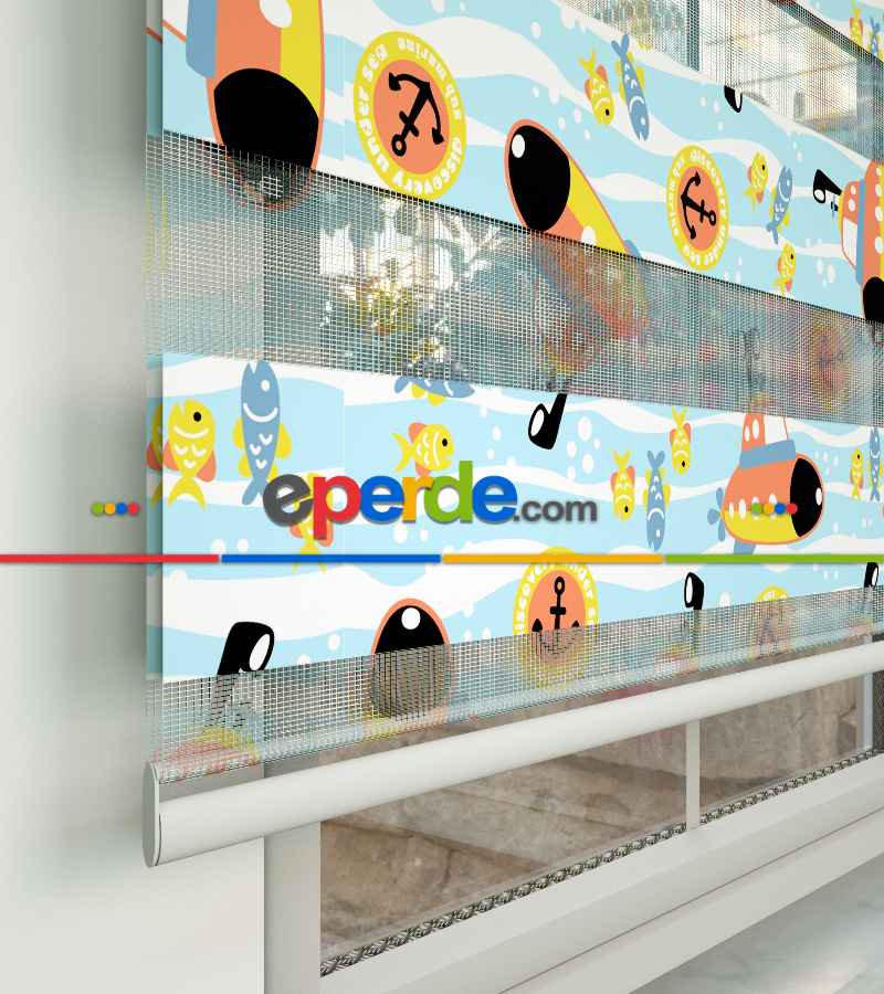 Bebek Odası Zebra Perde - Denizci Desen Baskılı Zebra Perde- Mavi-Sarı-Beyaz