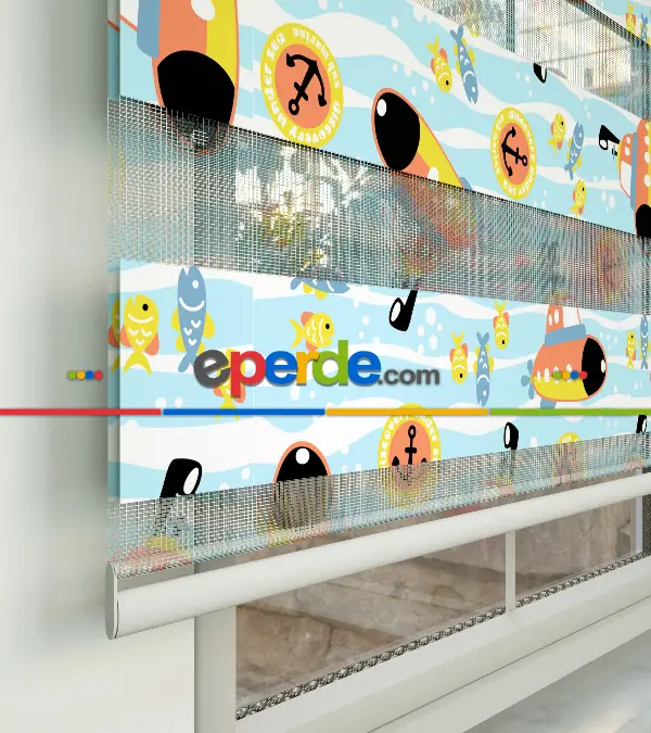 Bebek Odası Zebra Perde - Denizci Desen Baskılı Zebra Perde- Mavi-Sarı-Beyaz