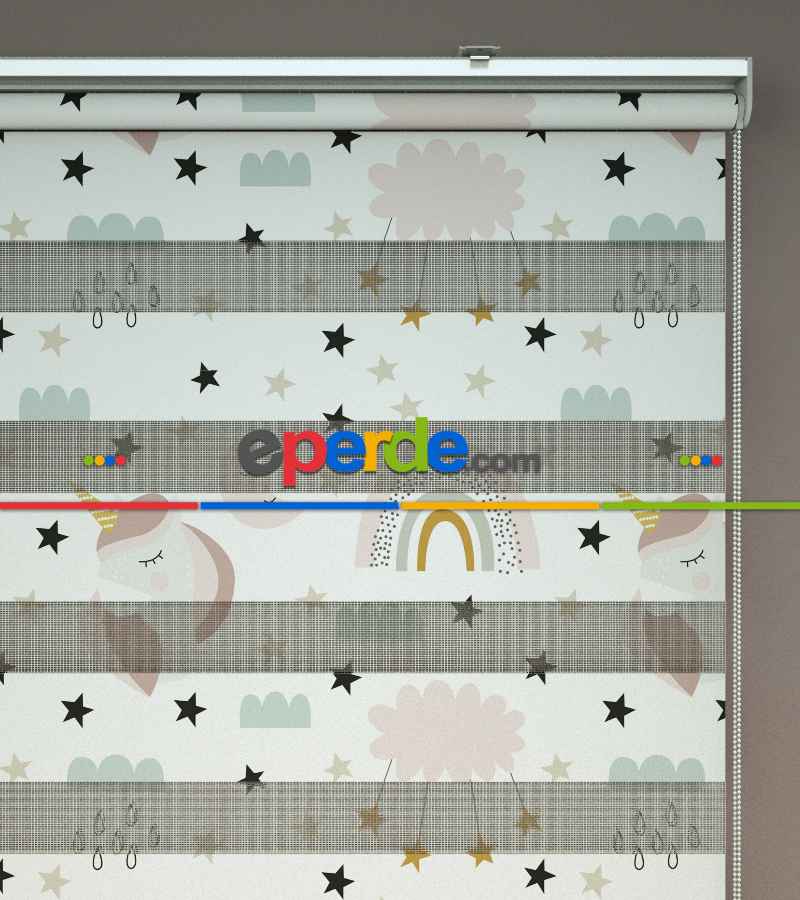 Çocuk Odası - Unicorn Desenli Baskılı Zebra Perde- Çok Renkli