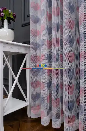 Hazır Ölçülü Petek Zemin Mor Pembe Renkli Kalp Desenli Grek Baskılı Tül Perde