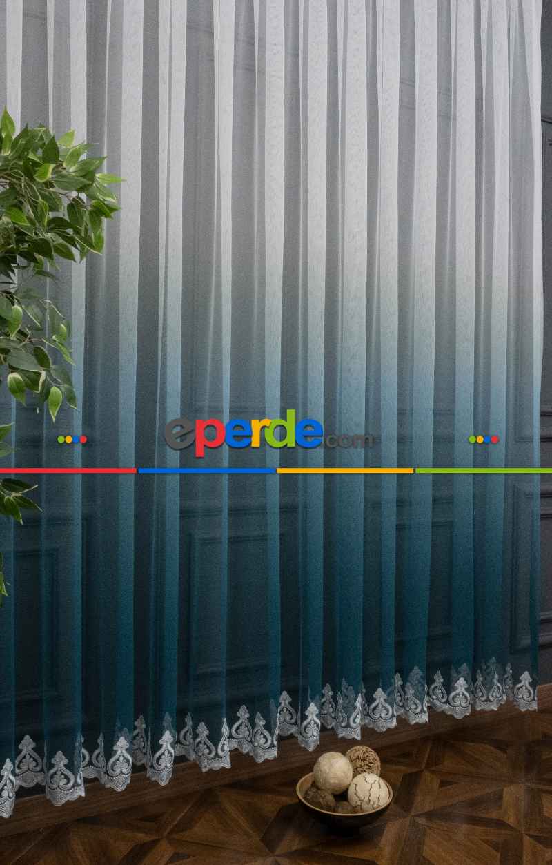 Turkuaz Etek Nakışlı Renk Geçişli Degrade Tasarım Tül Perde