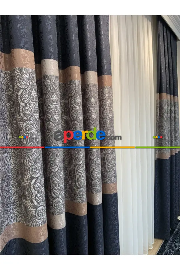 Yatak Odası Fon Brilant Fon Perde Dantella Moda Yeni Tasarım Lacivert Renk Fon Perde