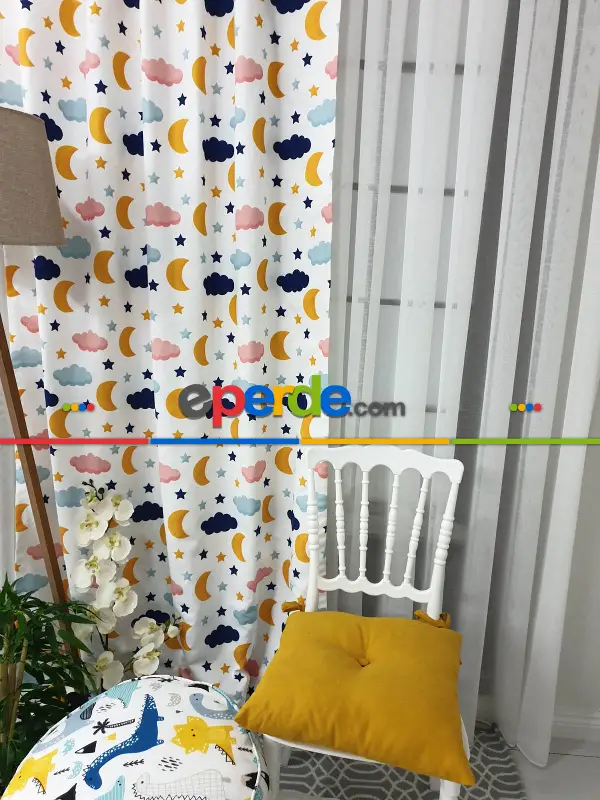 Aydede Bulut Desenli Fon Perde Evm8345 Kumaşı Kalındır Duck Bezi Değildir- Lacivert-beyaz-pembe