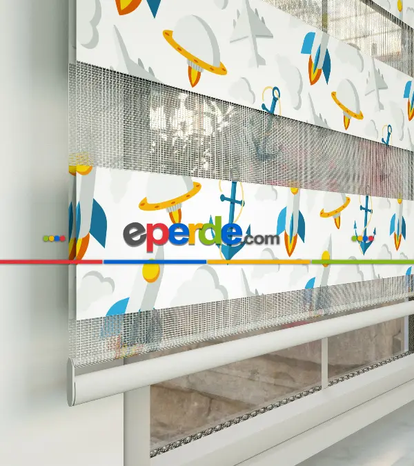 Çocuk Odası Zebra Perde - Çapa Baskılı Zebra Perde- Mavi-Sarı-Beyaz