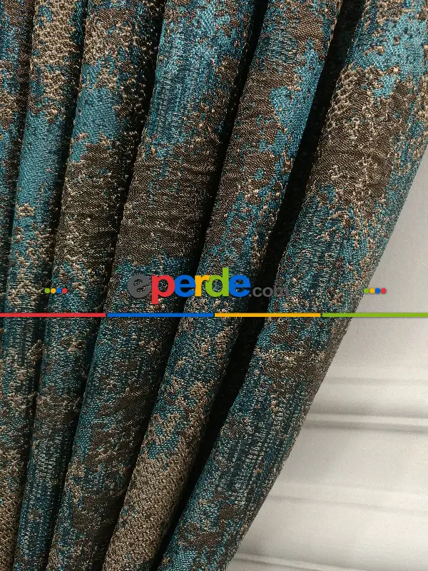 Jakar Desenli Fon Perde- Turkuaz Kahve