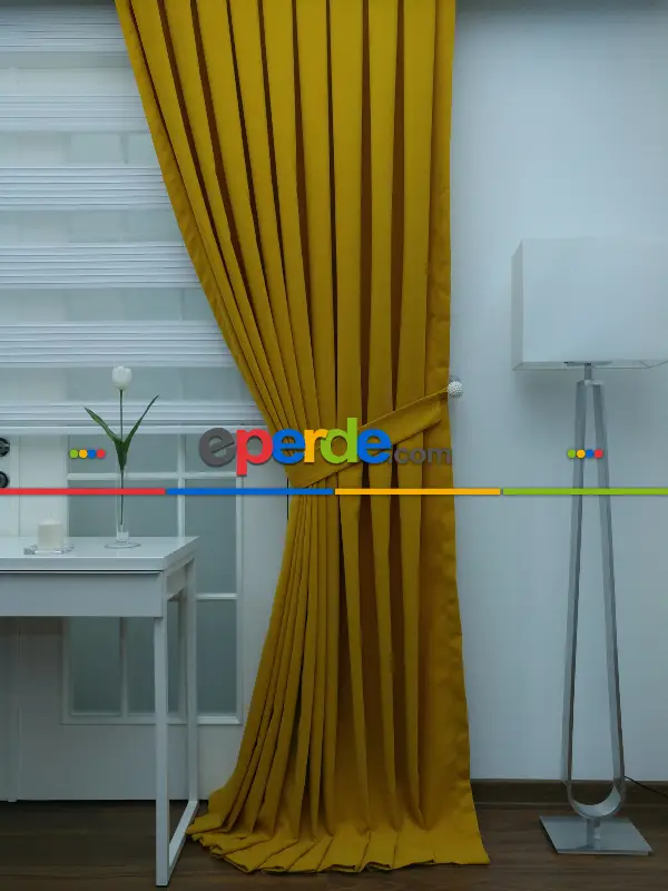 %25 İndirimli!!! Hardal Sarısı Düz Fon Perde(fon Demiri Hediyeli)- Hardal Sarısı