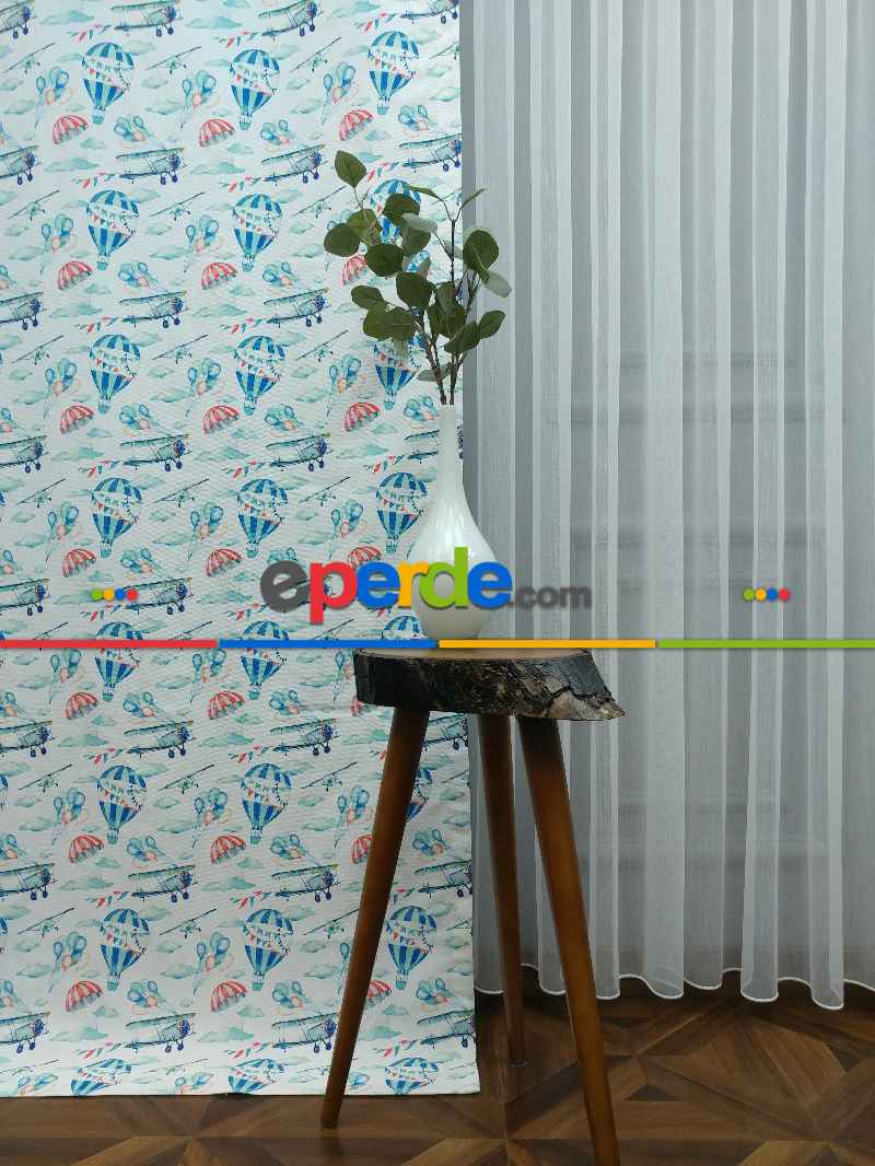 Bebek Odası Fon - Uçak Desenli Fon Perde K679 Kumaşı Kalındır Duck Bezi Değildir.- Mavi