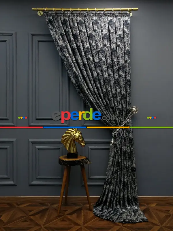 Yatak Odası Fon Patinedesenli Modern Desenli Jakarlı Fon Perde Yeni Seri 401- Lacivert-gri-füme-antrasit-füme