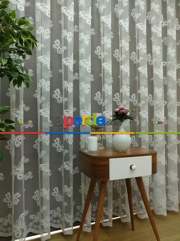 Çocuk Odası Tül Perde - Kelebek Tül Perde- Ekru