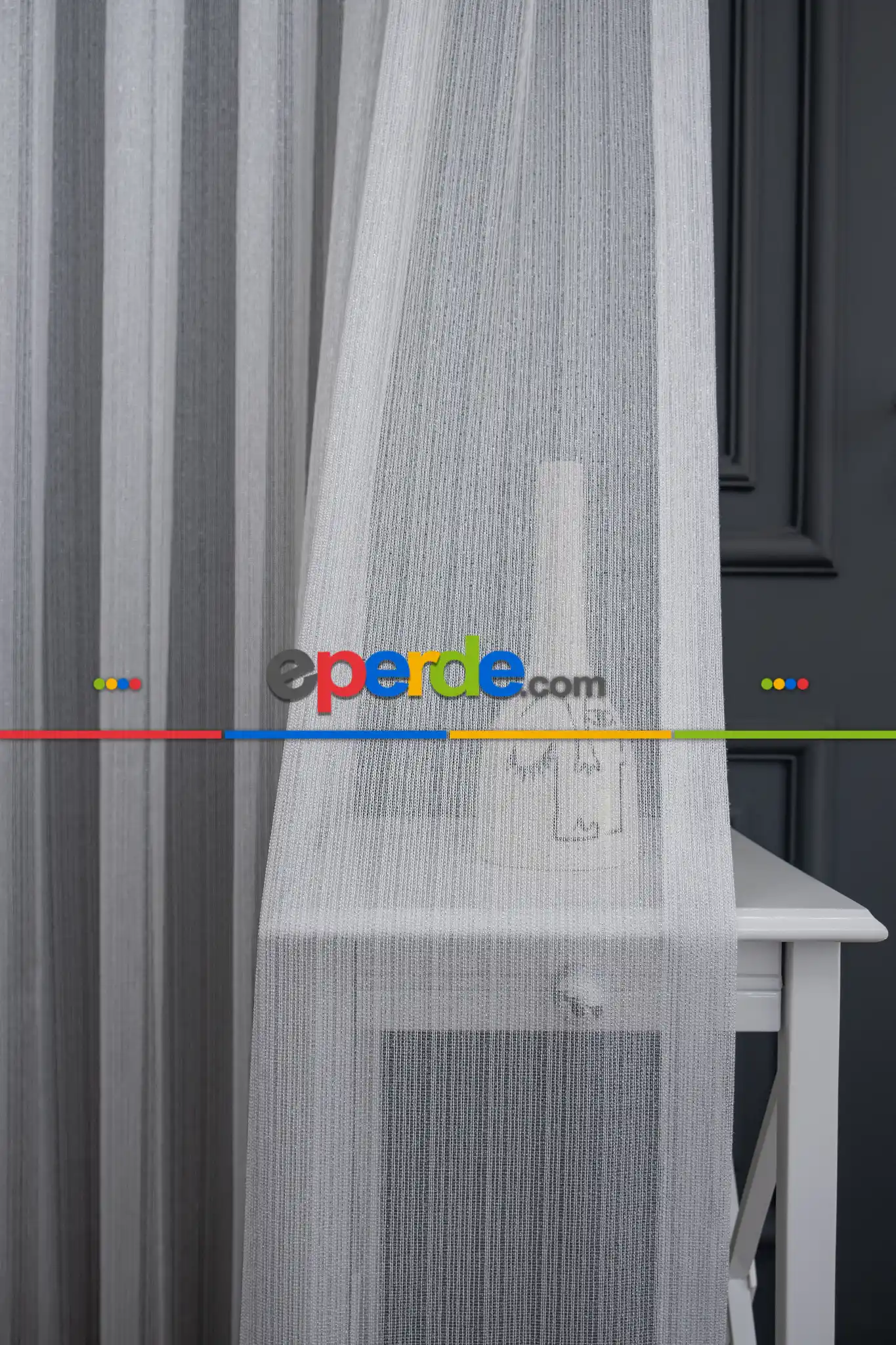 Salon Tül - Çizgi Gümüş Simli Çelik Sim Çizgili Pırıltılı Işıltılı Tül Tasarım Perde