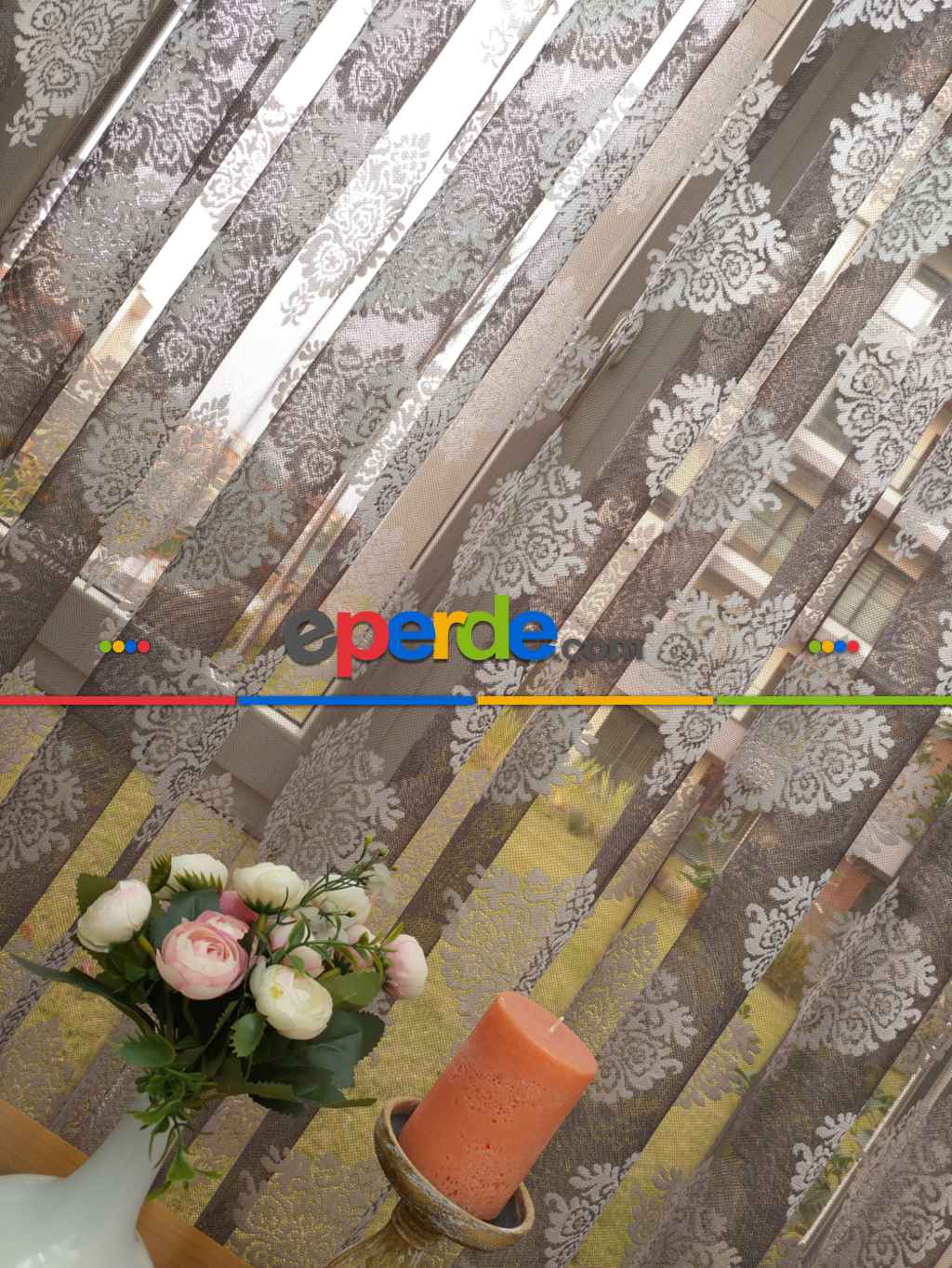 Damask Desenli Floş Örme Tül Perde- Siyah-Gri-Füme-Antrasit