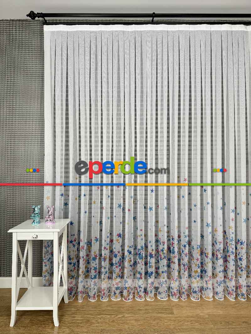 Bebek Odası Tül Perde - Çok Renkli Yıldız Baskılı Tül Perde, Çocuk-bebek Odası, Premium Seri