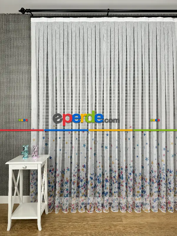 Bebek Odası Tül Perde - Çok Renkli Yıldız Baskılı Tül Perde, Çocuk-bebek Odası, Premium Seri