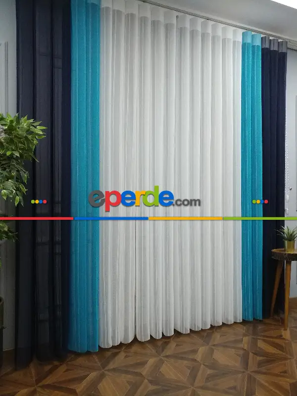 Lens Akıllı Dikey Tül Perde 113- Lacivert-beyaz-turkuaz