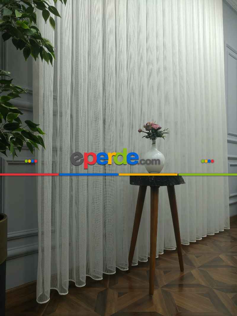 Mutfak - Çizgili Düz Tül Perde - Çelik Tül - Ütü İstemez- Ekru