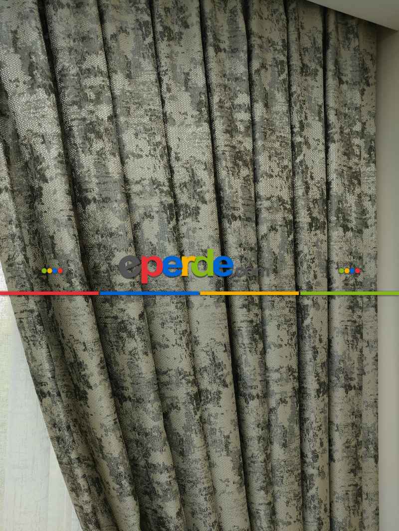 Salon Fon Perde - Siyah Gri Desenli Jakar Fon Perde (180)- Kahve Venge