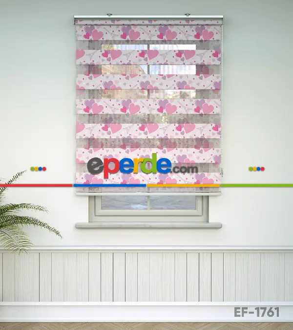 Kalp Desenli Baskılı Zebra Perde- Pembe