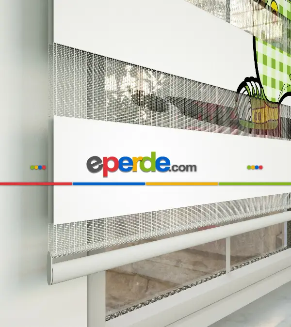 Sevimli Ayıcık Desenli Özel Baskılı Zebra Perde- Çok Renkli