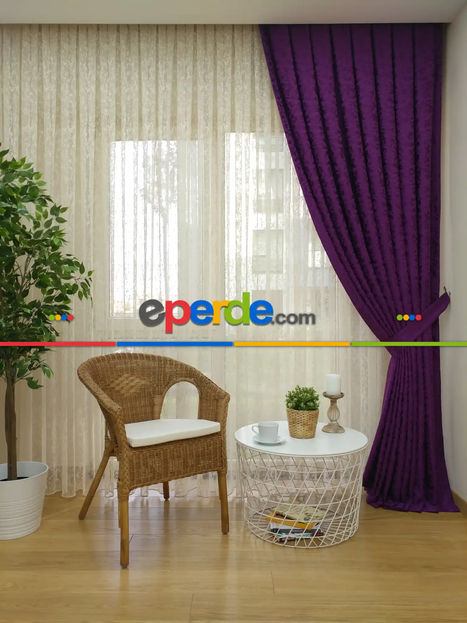 Eflatun Rengi Kendinden Desenli Jakar Fon Perde (285 En)- Eflatun