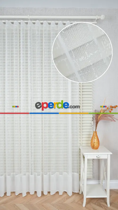 Ekru Etek Bantlı Tül Perde, Ağır Gramajlı Premium Seri