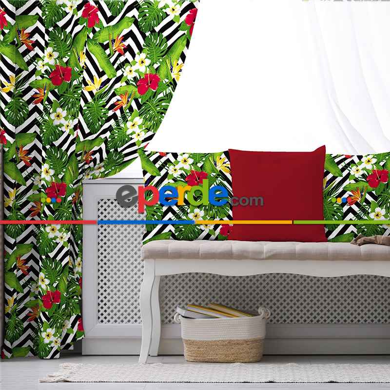 Yaprak Desenli Fon Perde Evim K-520 Kumaşı Kalındır Duck Bezi Değildir