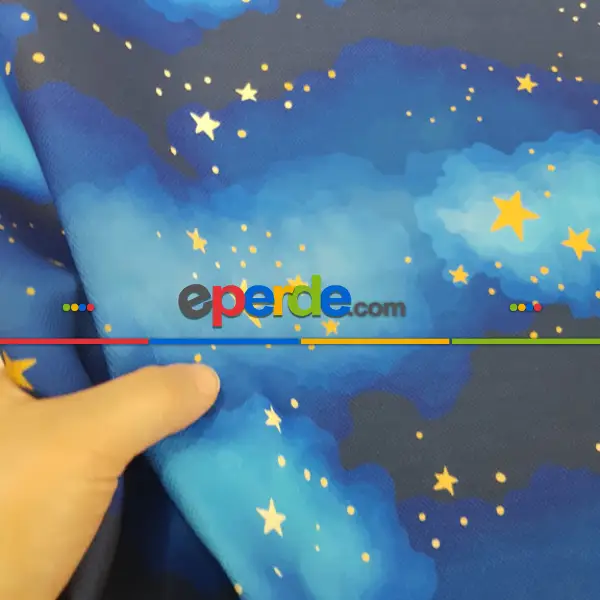 Bebek Odası Fon - Yıldız Ve Gece Desenli Fon Perde Evm678 Kumaşı Kalındır Duck Bezi Değildir- Mavi