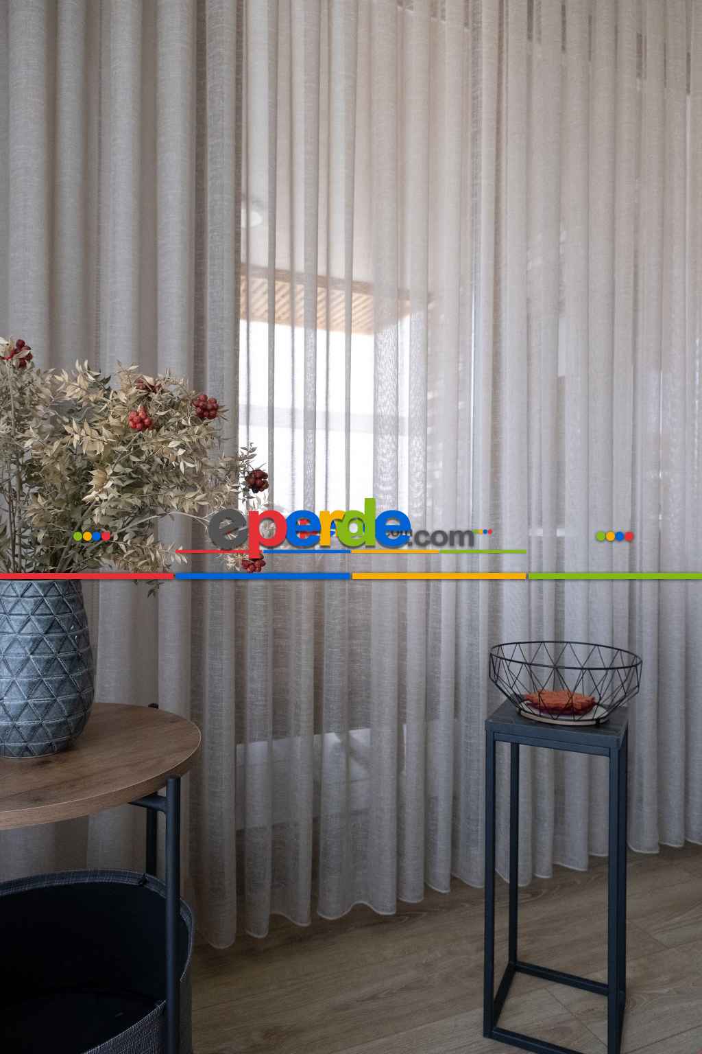 Fırsat Ürünü!! Hazır Ölçülü Keten İplik Efektli Sütlü Kahve Tül Perde