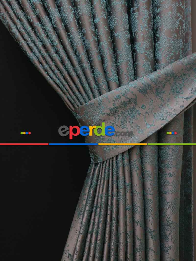 Gri Mint Desenli Jakar Fon Perde - Gri-füme-antrasit-mint