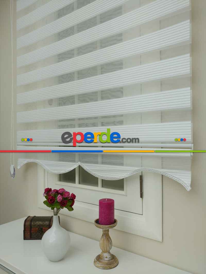 Mutfak - Beyaz Renk Plise Zebra Perde (kalın Zeminli)- Beyaz