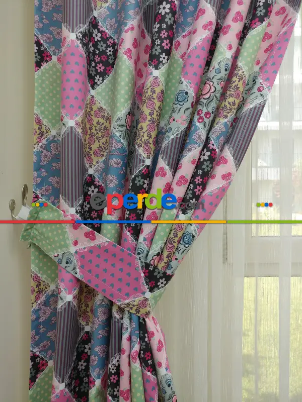 Patchwork Desenli Bebek Ve Çocuk Odası Fon Perde Modelleri- Beyaz-Pembe-Mor