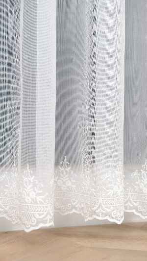 Taç Ekru Etek Çiçek İşlemeli Tül Perde, Ütü İstemeyen Kırışmaz