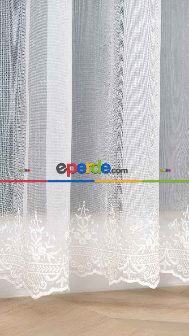 Taç Ekru Etek Çiçek İşlemeli Tül Perde, Ütü İstemeyen Kırışmaz