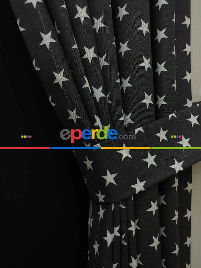 Siyah-beyaz Yıldız Desenli Fon Perde ( Leke Tutmaz )- Siyah-beyaz