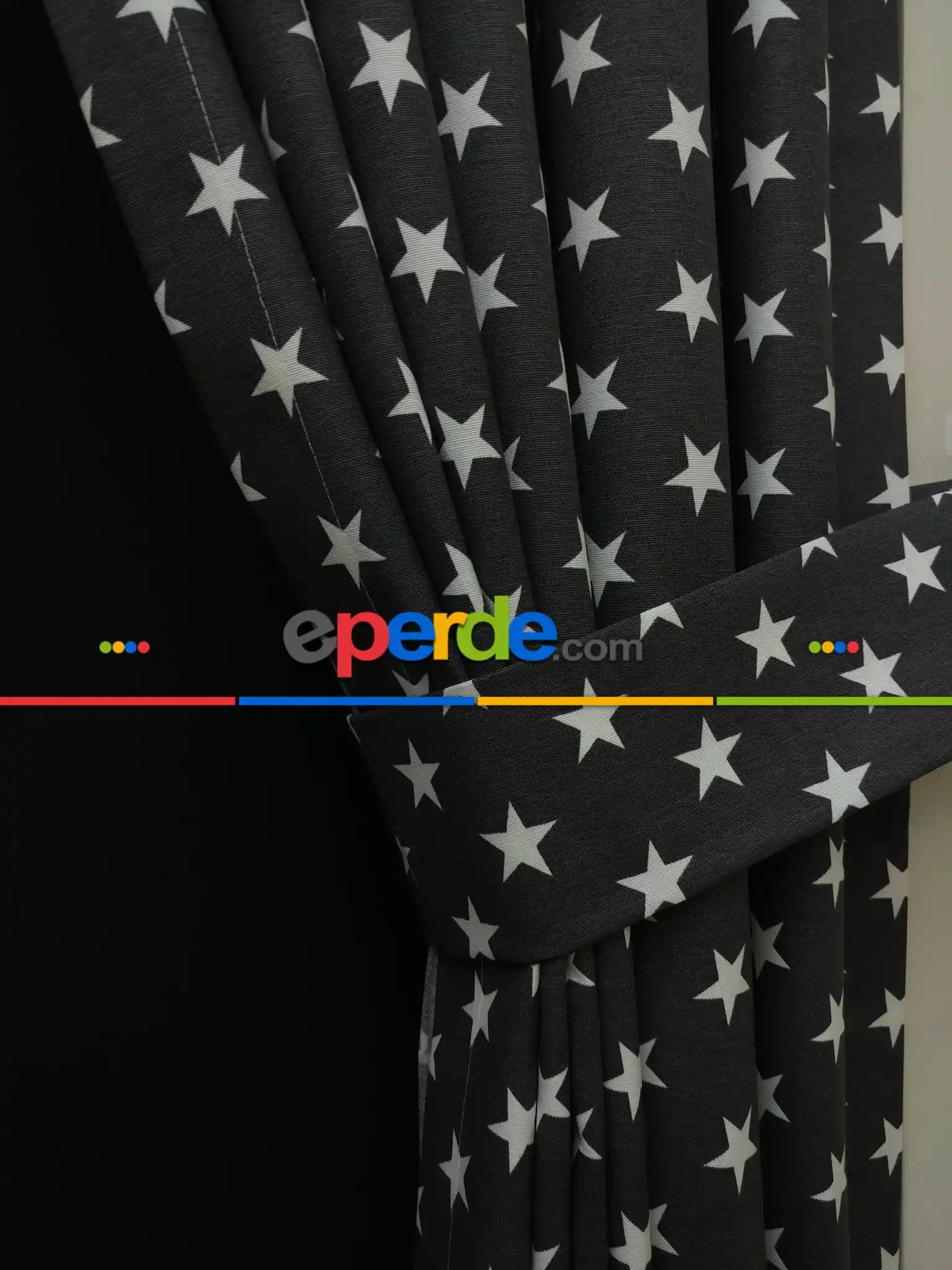 Siyah-beyaz Yıldız Desenli Fon Perde ( Leke Tutmaz )- Siyah-beyaz