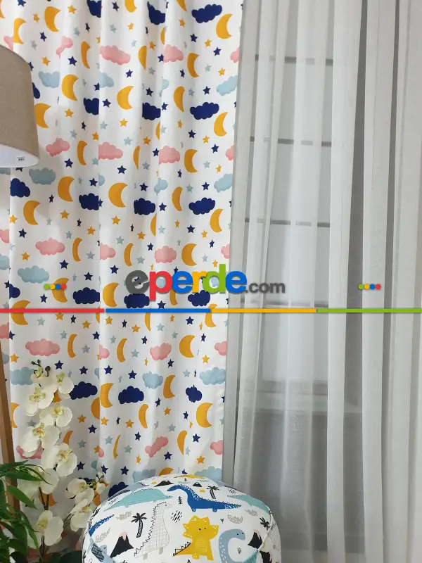 Aydede Bulut Desenli Fon Perde Evm8345 Kumaşı Kalındır Duck Bezi Değildir- Lacivert-beyaz-pembe