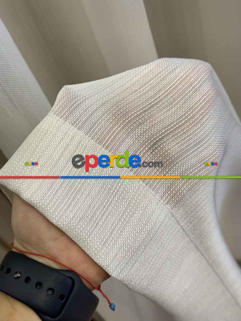 Ekru Çizgili Tül Perde, Ağır Gramajlı Premium Seri, Kurşunlu Tül