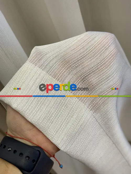 Ekru Çizgili Tül Perde, Ağır Gramajlı Premium Seri, Kurşunlu Tül