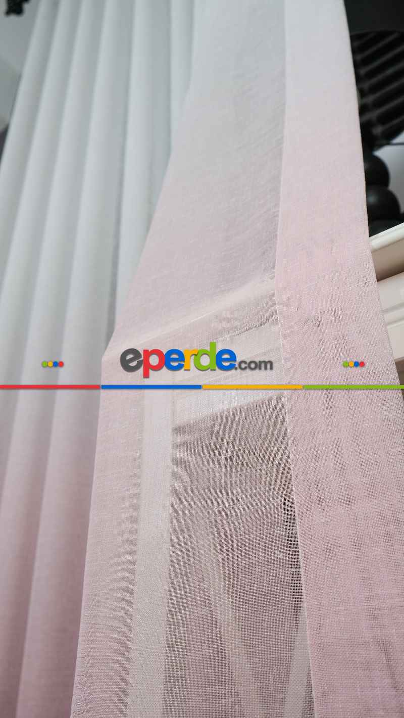 Keten Ekru Pembe Degrade Geçişli Tül Perde, Ağır Gramajlı Premium Seri, Eteği Kurşunlu