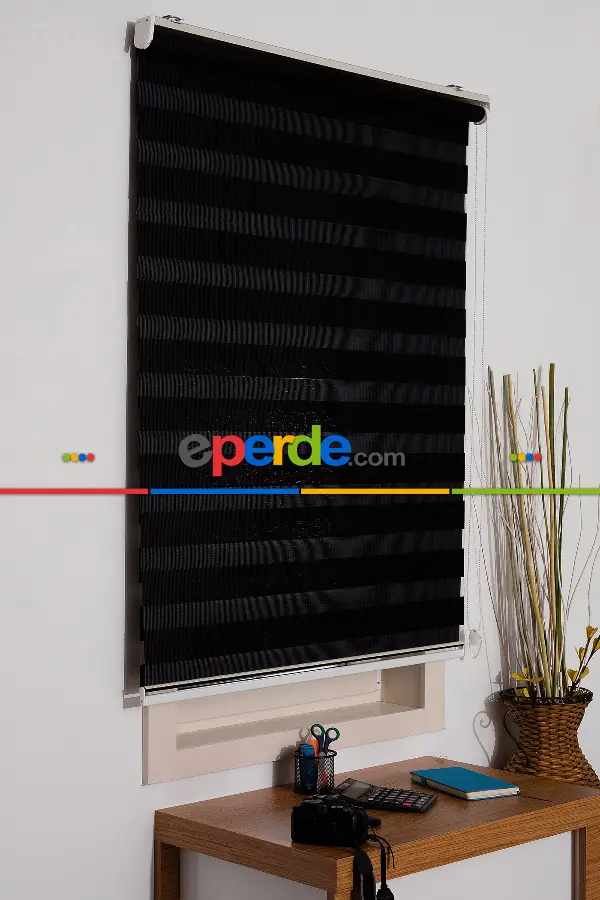 Siyah Bambu Zebra Perde - Siyah