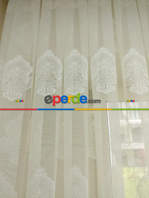 Damask Desenli Özel Örme Dokulu Tül Perde ( Hazır Ölçü 1/2.5 Normal Pile )- Ekru 200cm X 195cm 