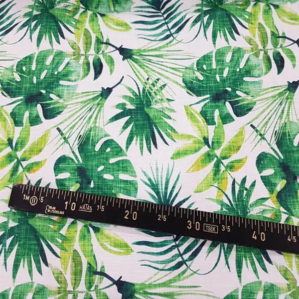 Salon Fon - Tropikal Yaprak Desenli Fon Perde Evm1121 Kumaşı Kalındır Duck Bezi Değildir- Yeşil-Beyaz