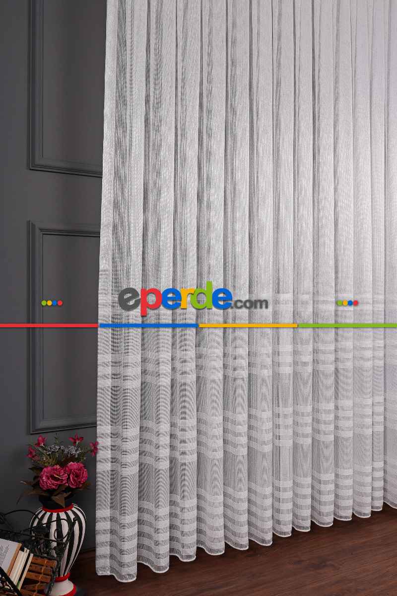 Bantlı 4 Sıra Keten Tül Perde Grz 2179 Ekru Renk