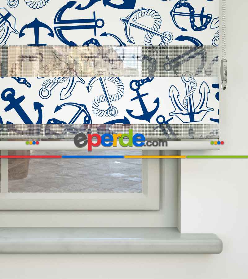 Çapa Baskılı Zebra Perde- Mavi-beyaz