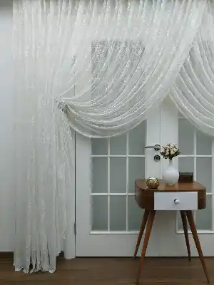 Özel Örme Dokulu Damask Desenli Kruvaze Tül Perde 100% Orjinal Ürün- Ekru