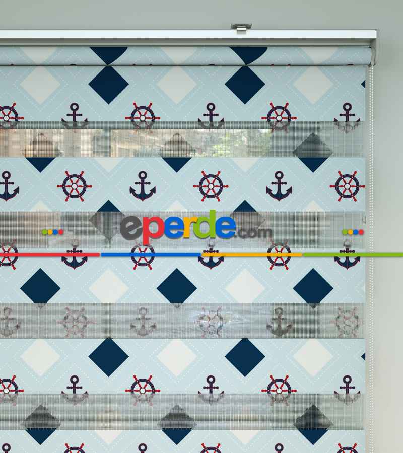 Bebek Odası Zebra Perde - Çapa Desen Baskılı Zebra Perde- Çok Renkli