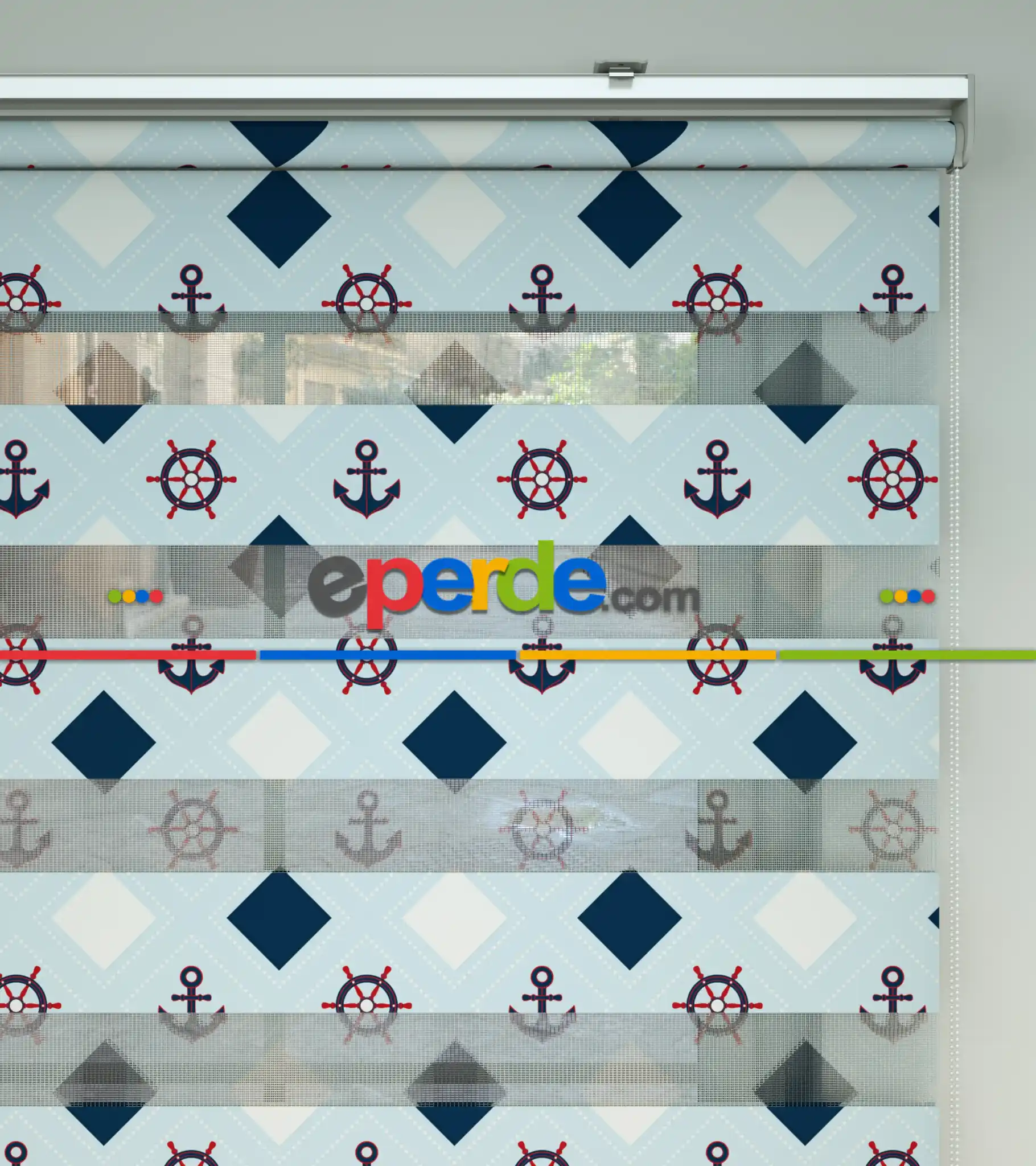 Bebek Odası Zebra Perde - Çapa Desen Baskılı Zebra Perde- Çok Renkli