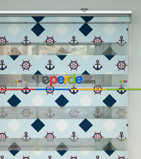 Bebek Odası Zebra Perde - Çapa Desen Baskılı Zebra Perde- Çok Renkli